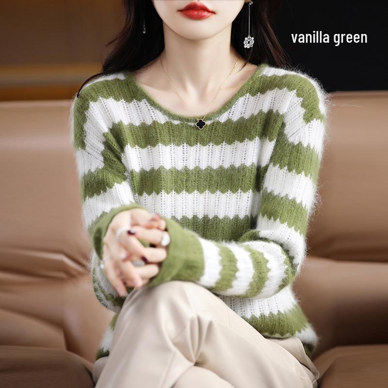 2025 Autumn/Winter Women's Mink Cashmere Color Block Round Neck Sweater – Hollow Out, Warm, Loose Fit