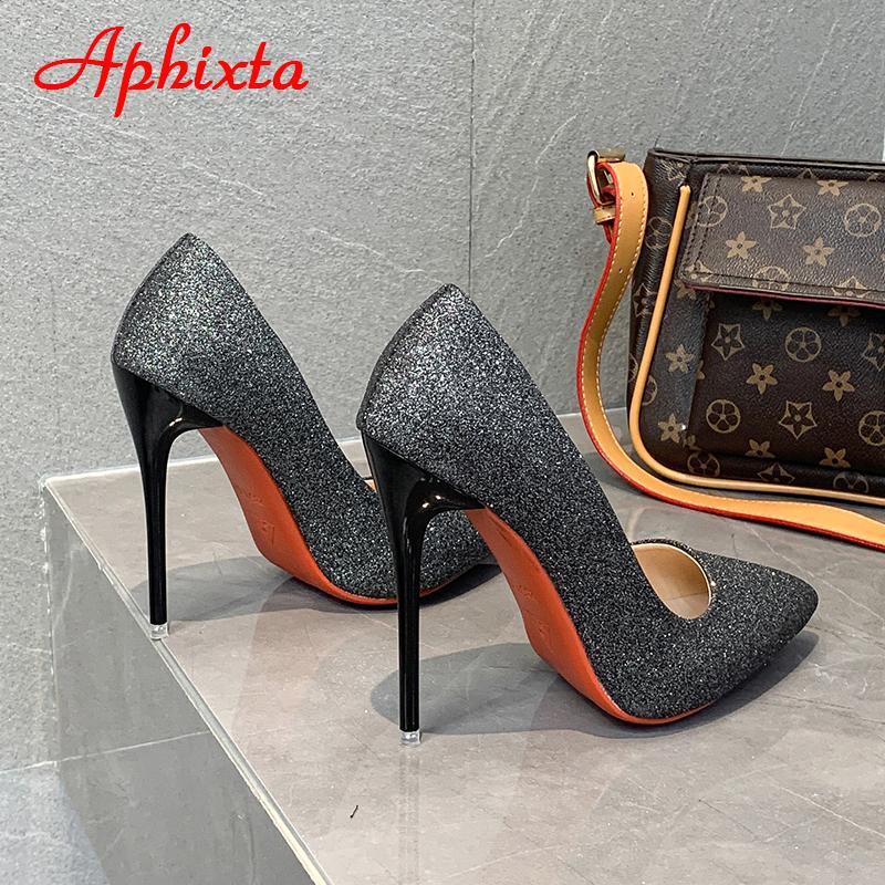 Fashion Aphixta 12cm Super High Stiletto Heels Pumps Women Shoes Bling Sequined Leather Pointed Toe Wedding Dress Thin Heel Shoes Woman