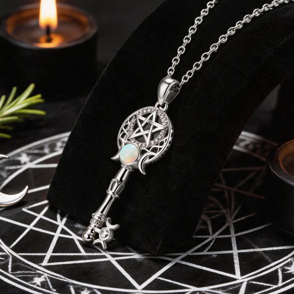 Čarodějnictví Trojitý Měsíc Bohyně Tvar Klíče Náhrdelníky Opál Zirkony Pentagram Symbol Přívěsek Čarodějnický Amulet Ochranné Šperky