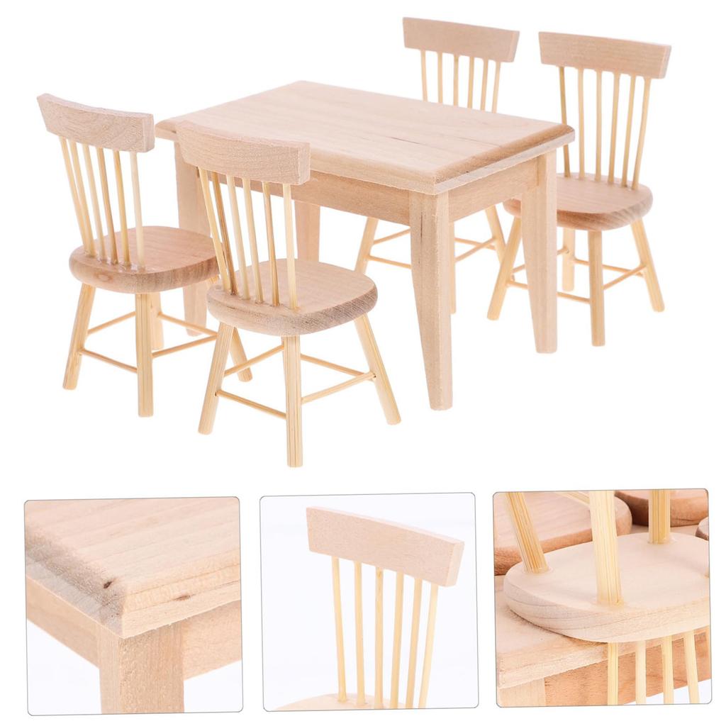 Miniature Wooden Doll Dining Set 1/12 Scale Plastic Table And Chairs 5Pcs Photo Props