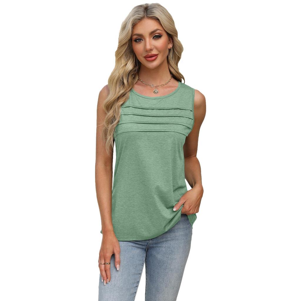 Women's Spring Summer U Neck Pleated Tank Top Solid Color Casual Sleeveless T-Shirt Soft Breathable Daily Wear Basic Top