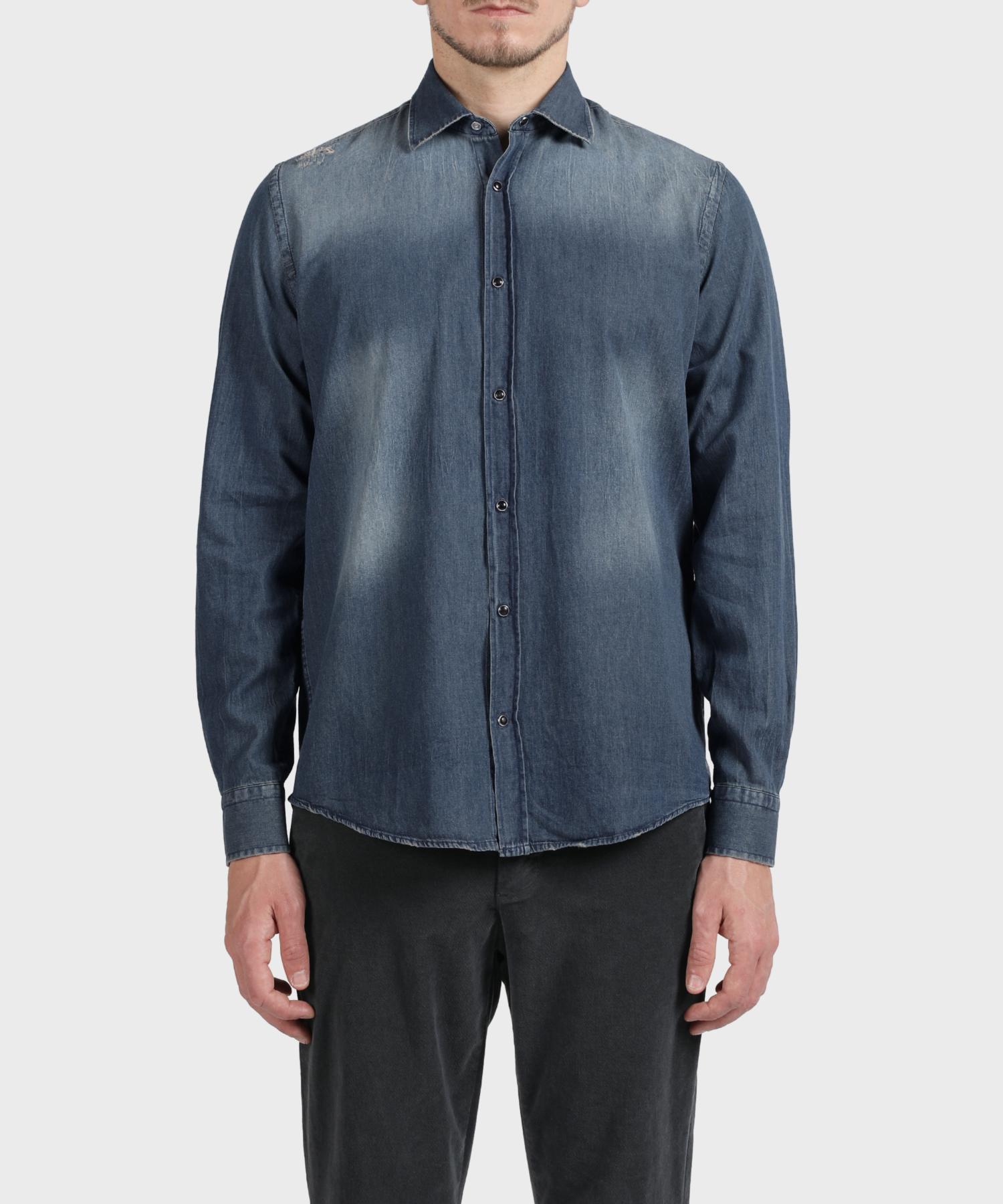 Panicalle Blue Distressed Washed Denim Shirt Blue/Xl