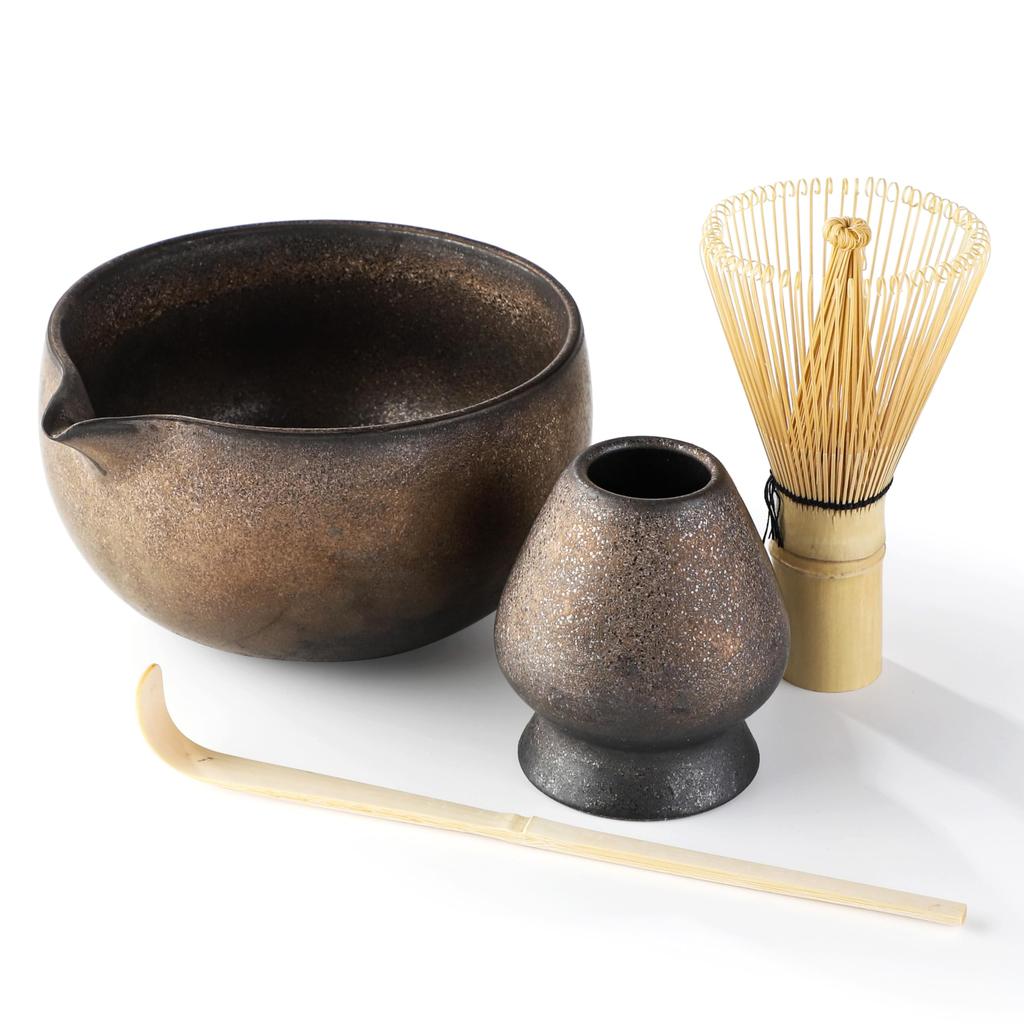 Katakuchi Matcha Bowl Set, Tea Ceremony Utensils, Tea Bowl, Chawan (Tea Whisk), Chashaku (Tea Scoop), Peach-Shaped Round Tea Scoop (Grey with
