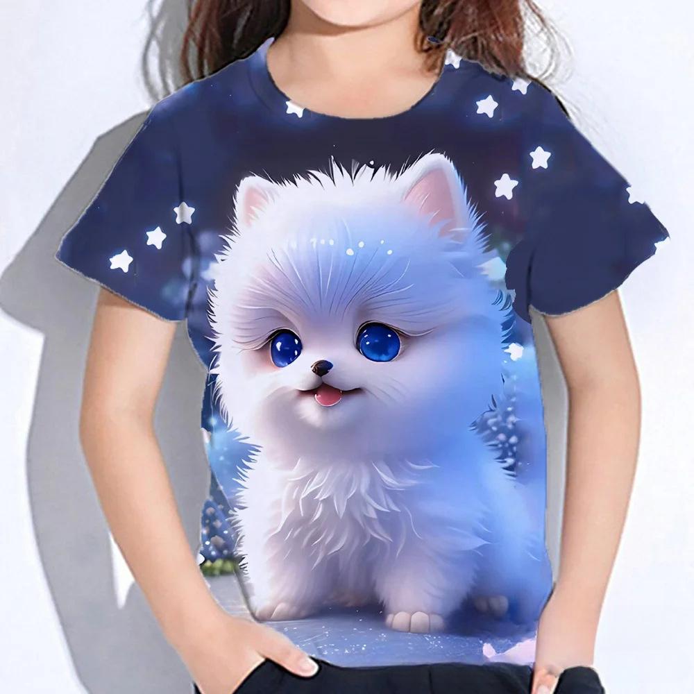 Summer Round Neck 3D Cat Printed Top Fashionable Casual Short Sleeved Children's Girl T-shirts