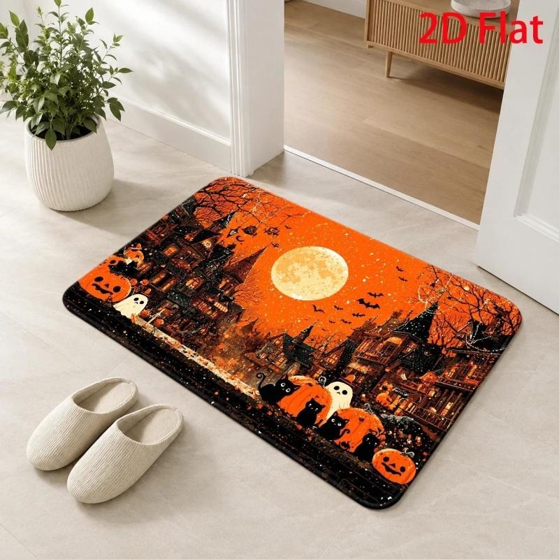 Retro Jack‑o'‑lantern Halloween Doormat, Autumn Vine Flower Printed Floor Rug, Indoor Holiday Decor