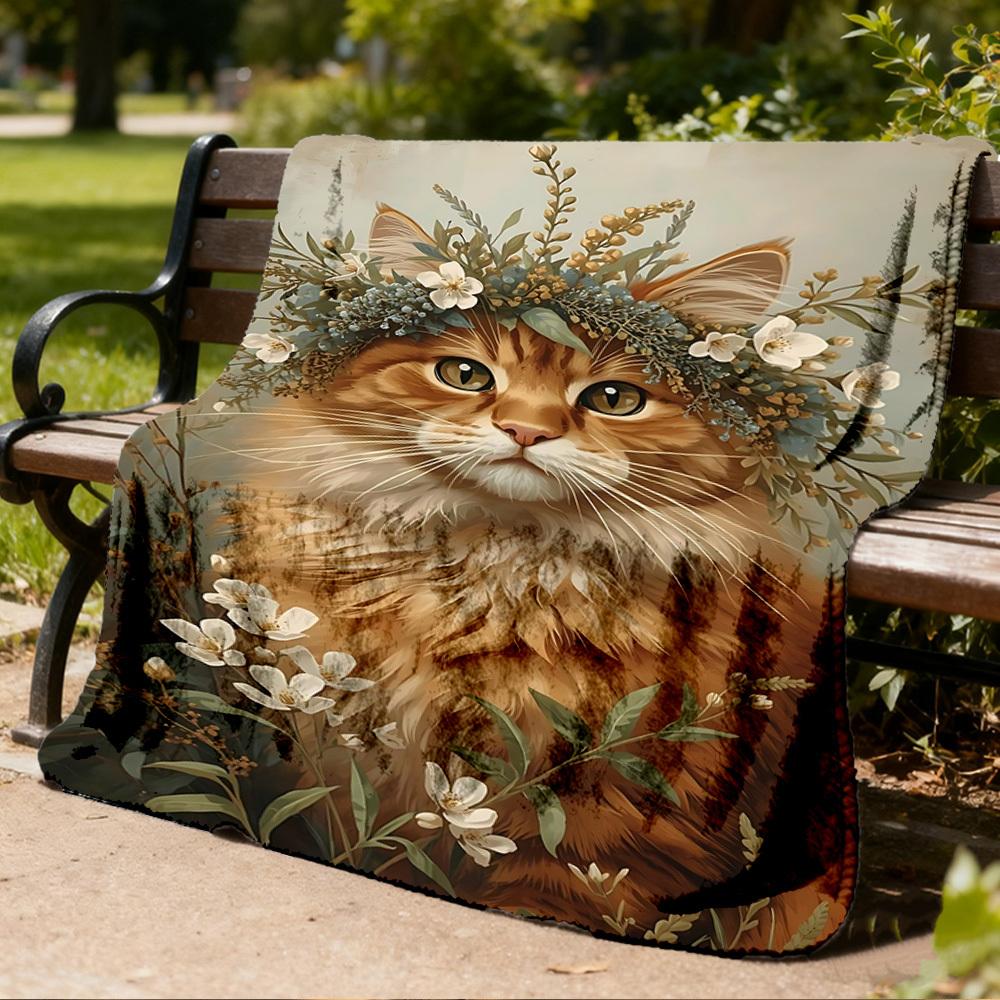1pc Floral Cat Wreath Outdoor Flannel Blanket Soft All Season Polyester Throw , Perfect for Picnics & Travel , Picnic Accessory