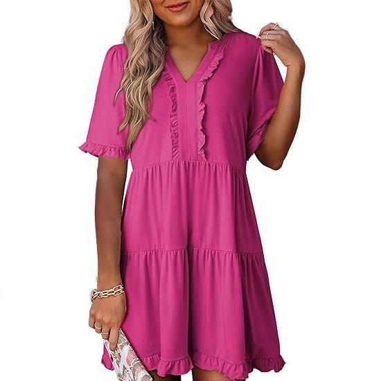 Women Short Sleeve V Neck Ruffle Hem A Line Midi Dress Multi Color Casual Flowy Dress