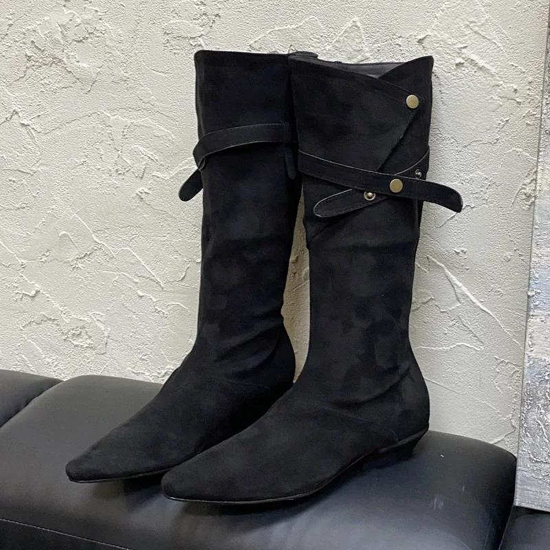 

Eilyken Designer Vintage Knee High Boots Women Pointed Toe Low Heels Buckle Strap Ladies Shoes Botines De Mujer 35