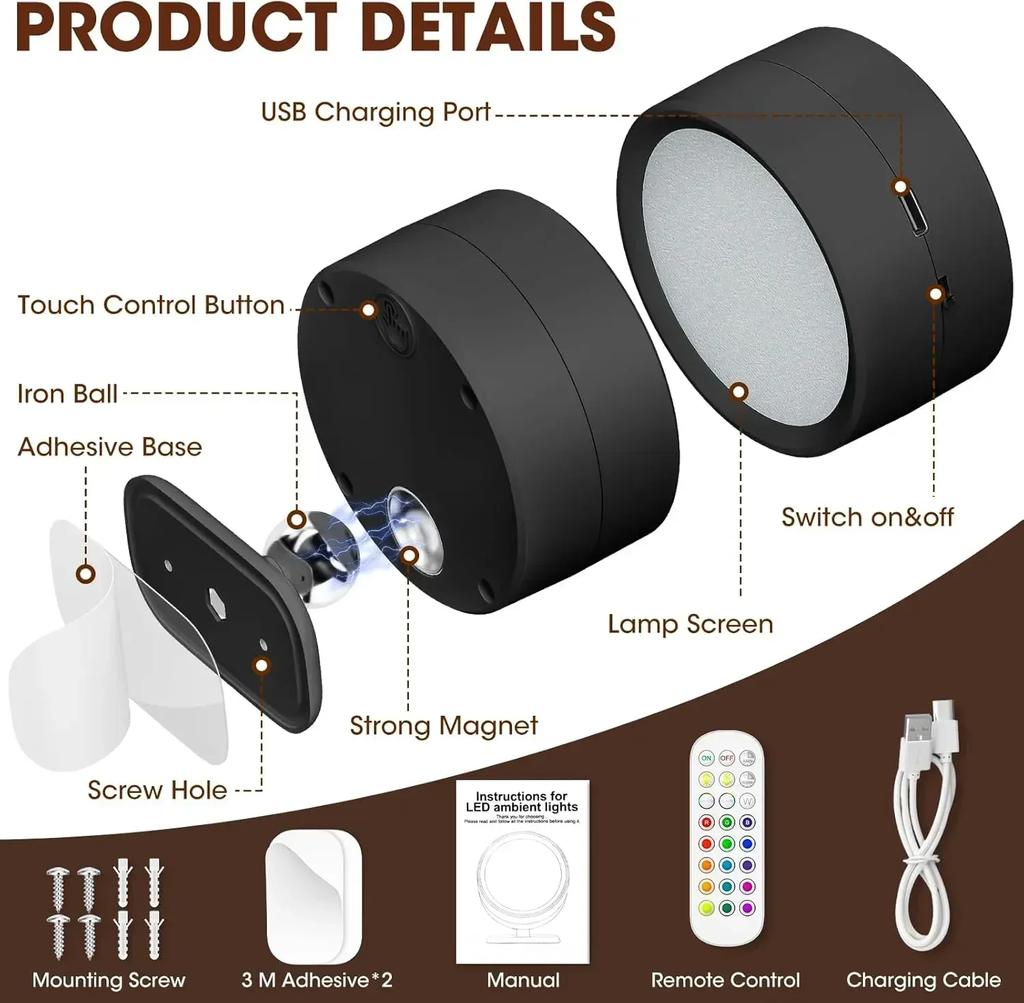 Magnetische LED-Wandleuchte, wiederaufladbare Leseleuchten, 360°-Drehung, Touch-Fernbedienung, Schrankstrahler, Nachtlampe