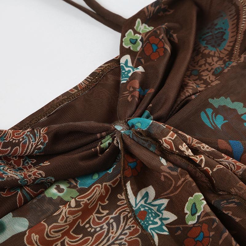 European & American Retro Print Spaghetti Strap Waist-Cinching Slim Bandeau Top