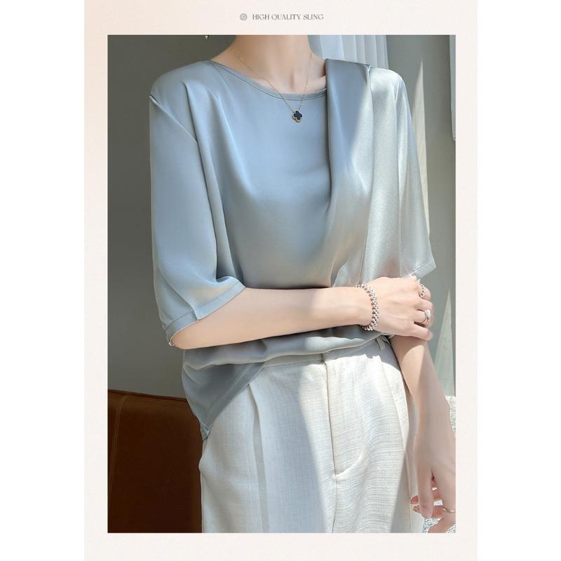 Silk T-shirt for Women Summer Round Neck Loose T-shirt Short Short-sleeved Tops