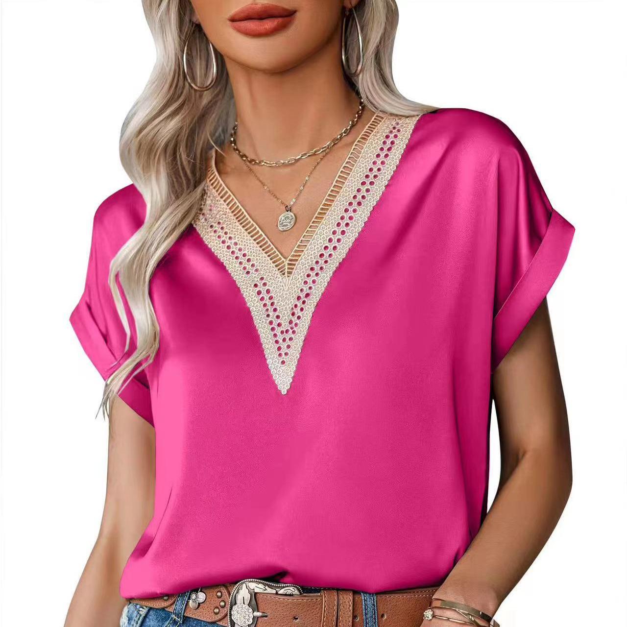 

Новая кружевная футболка с V-образным вырезом, атласный свободный топ с короткими рукавами, женский стиль для поездок на работу L розовый