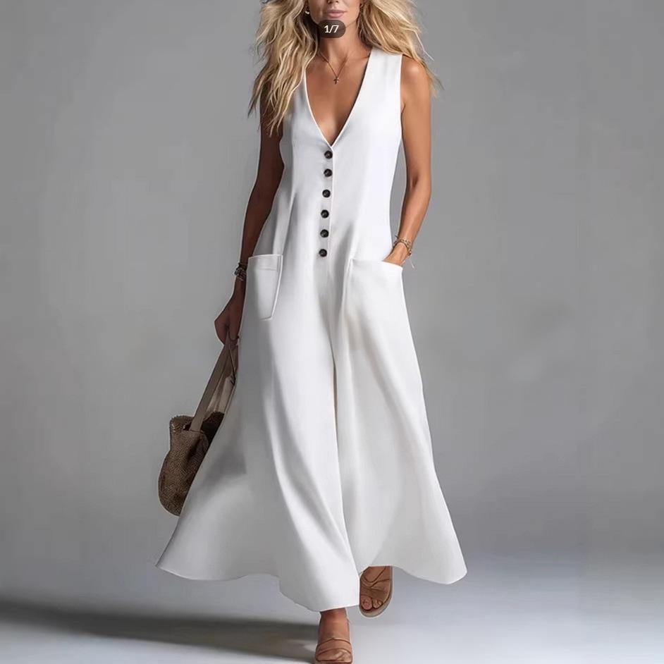 2026 Summer Women's V-Neck Solid Color Casual Dress with Pockets