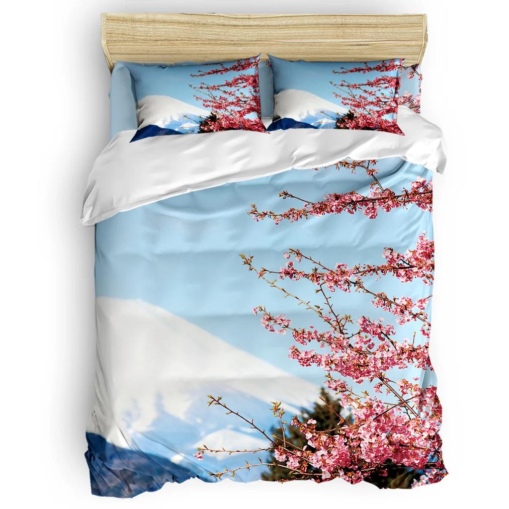 Set husă de plapumă roz pal, Ramură de Sakura cu flori de cireș Primăvară japoneză delicată, Set de lenjerie de pat decorativ din 3 piese, Mărime king
