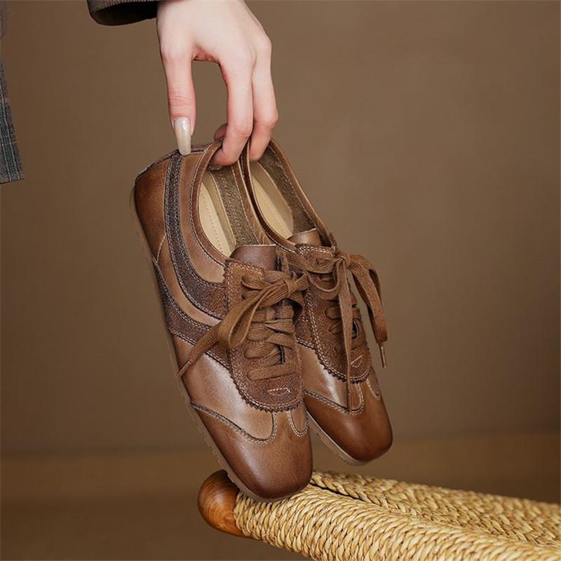 Fashion New Spring Genuine Leather Woman Shoes Square Toe Women Pumps Shoes for Women Lace Loafers Low Heel Leopard Print Flat Shoes