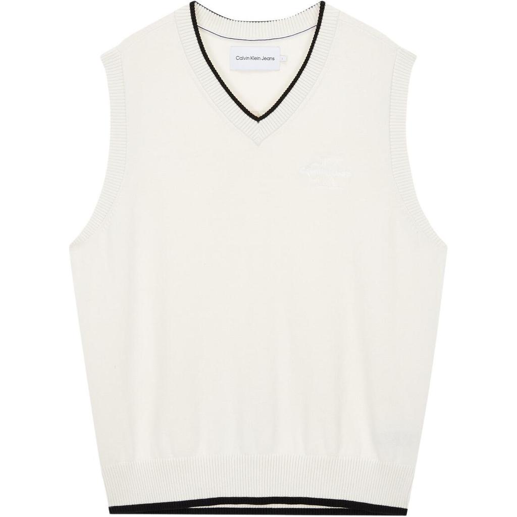 Calvin Klein Letter Embroidery Color Block Cotton Knit Sweater Men Sweater White J324408-YBI