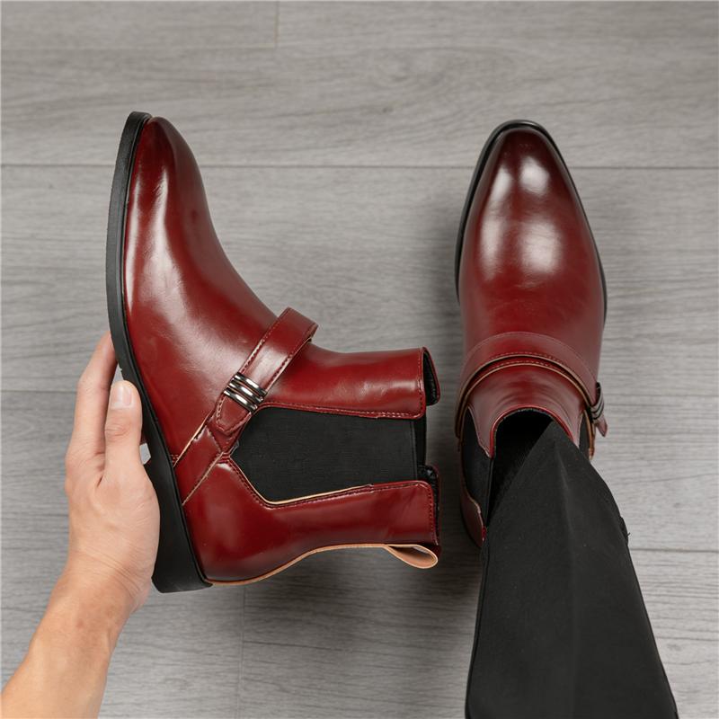 Winter Fashion Men's Black Red Slip On Pointed Business Casual Ankle Boot Male High Tops Chelsea Leather Shoes Zapatos Hombre