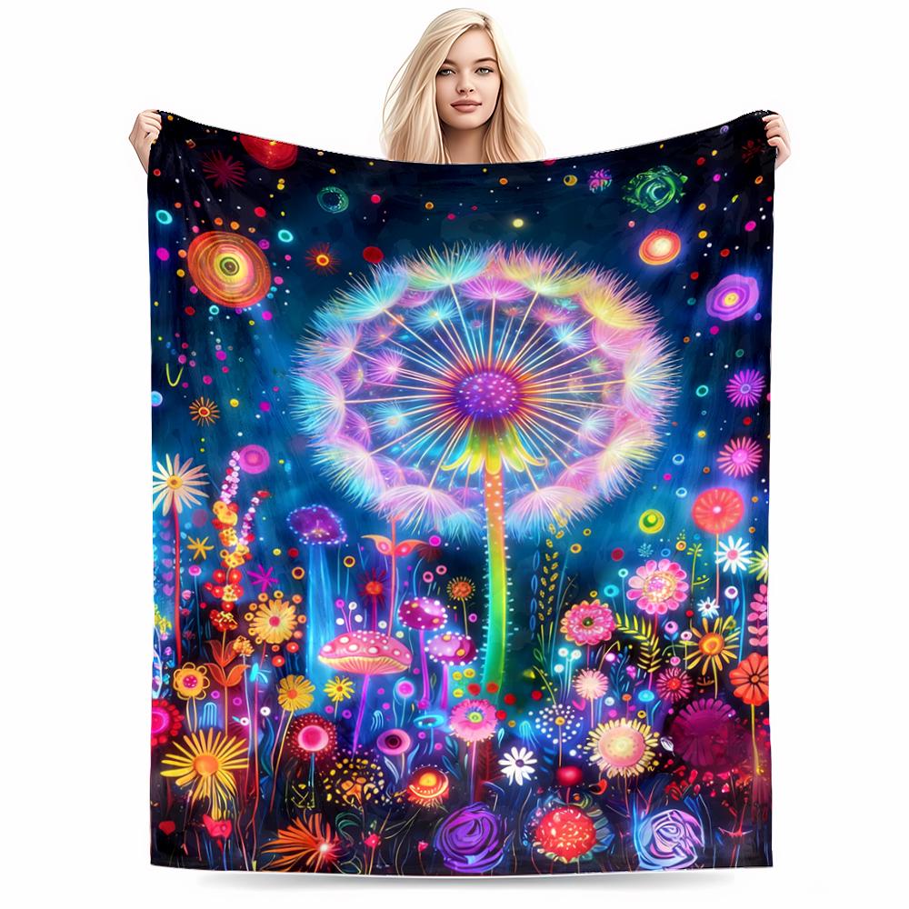 Colorful Dandelion and Flower Pattern Blanket with Starry Design Blanket, Suitable for Use In the Bedroom, Living Room, On the Sofa