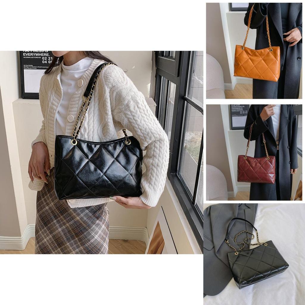 2023 Winter New Women's Bag Fashion Street Trend Shoulder Bag Retro Casual Crossbody Bag Rhombic Chain Tote Bag In Black