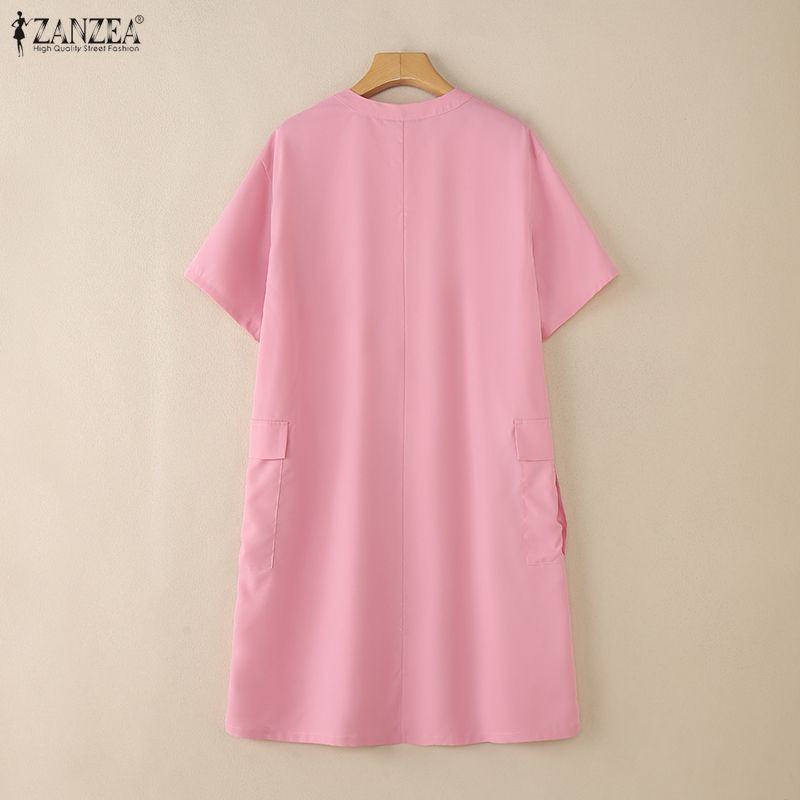 ZANZEA Women Turn Down Collar Summer Short Sleeve Casual Dress