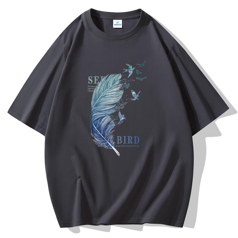 10 Colors Feather Man's Short Sleeves Loose T-shirt 100% Cotton Casual Tee Size S-5XL