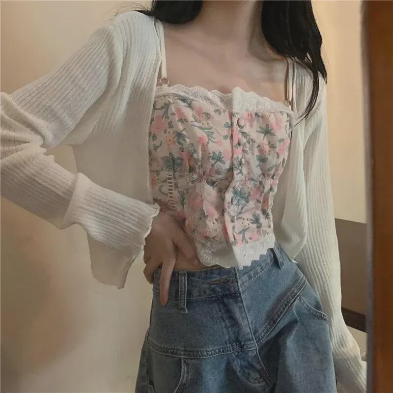 Women's Summer Ice Silk Cardigan: Fashionable, Versatile, Short Knitted with Suspenders, Lightweight, Long-Sleeved Top.