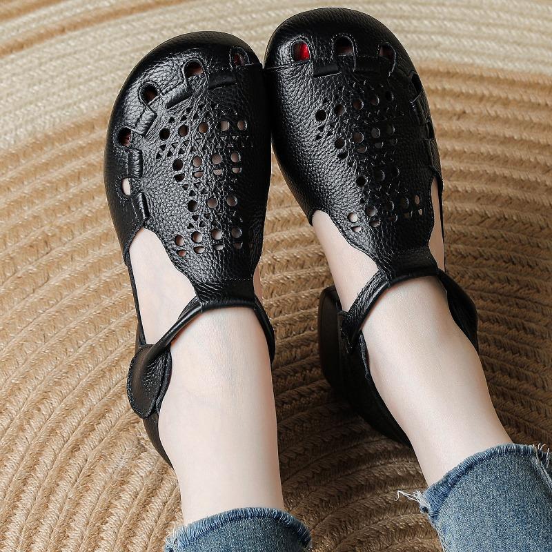 Real cowhide summer new beef tendon sole middle heel mother shoes comfortable soft sole hollow retro sandals women