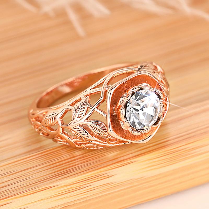 Huitan Aesthetic Rose Gold Flower Ring Female Engagement Accessories with Bright Zirconia Graceful Wedding Band Jewelry