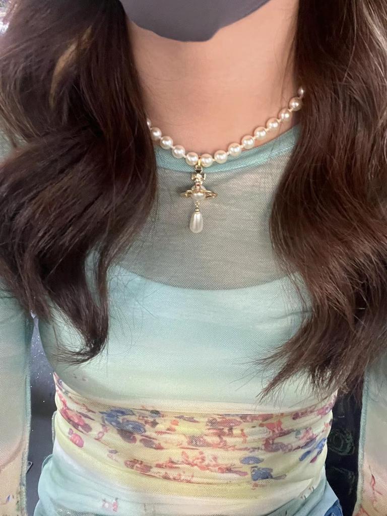 Empress Saturn Pearl Necklace With Geometric Pendant For Women