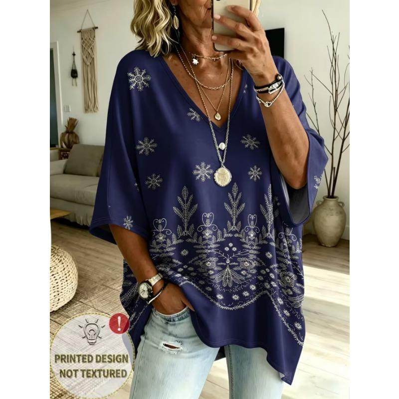 T-shirt da donna taglia grande con scollo a V, top casual rétro, con stampa, alla moda e versatile, lavabile in lavatrice.