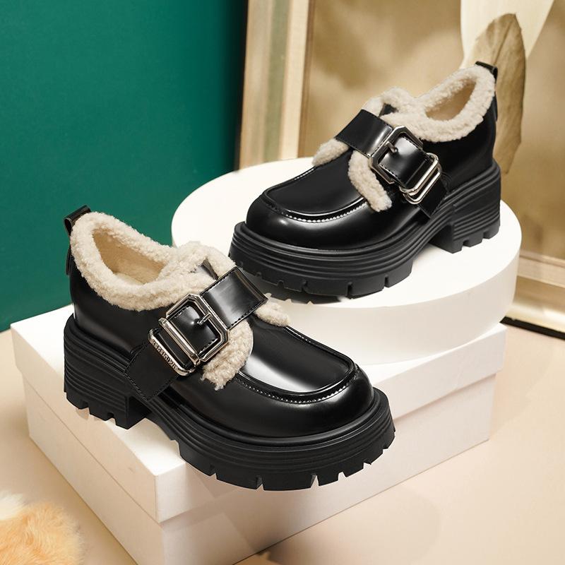 Yuexinwang leather flat for Huizhou women's shoes Su Yinyin same shoes autumn and winter new cotton warm loafers women