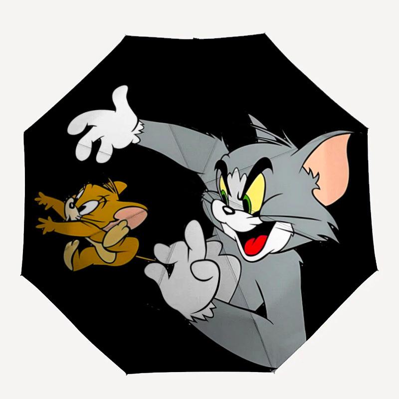 1pc Tom Jerry Automatic Open/Close Folding Umbrella, Windproof 8-Rib Construction, Lightweight Travel Umbrella for Women/Men 27