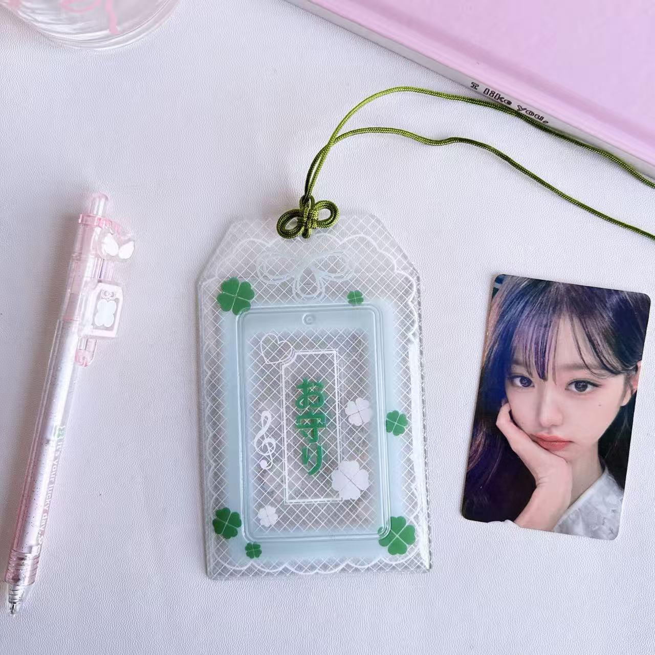 Four-Leaf Clover Rabbit Omamori Card Holder: 3-Inch Display for Polaroid, Idol, or Campus Cards with Hanging Pendant