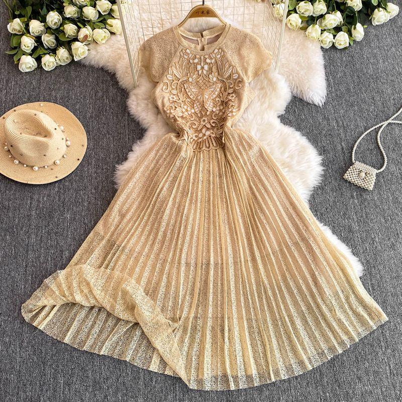 

French Vintage Court Style Dress Women s Summer New Arrival Machine Embroidery Cut Out Stylish Niche Style Temperament Long Dress Apricot L