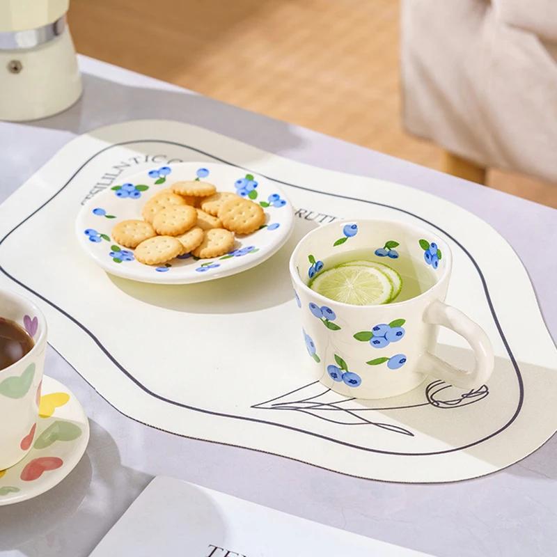 Hand Pinched Ceramic Mugs and Saucers Coffee Cup Cute Hand Painted Floral Blueberry Love Milk Tea Cups Breakfast Drinkware Mugs