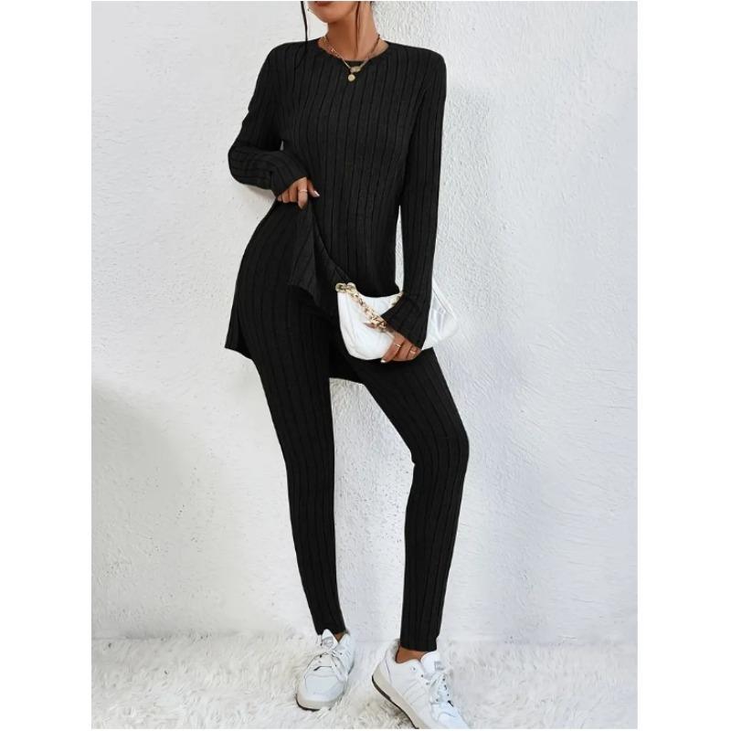 JKASHDK Damenmode Casual Frühling Herbst Einfarbig Druck Langarm O-Ausschnitt Hosen Hosen Anzüge