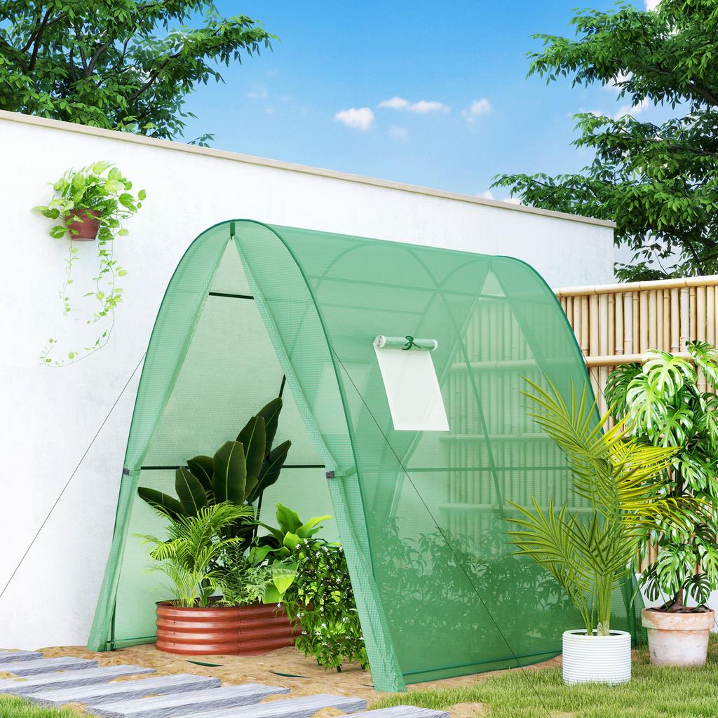 Polytunnel Greenhouse with Sandbags, Walk-In Tunnel Green House with 2 Doors and Screen Windows, 1.8 X 1.8 X 2m, Green