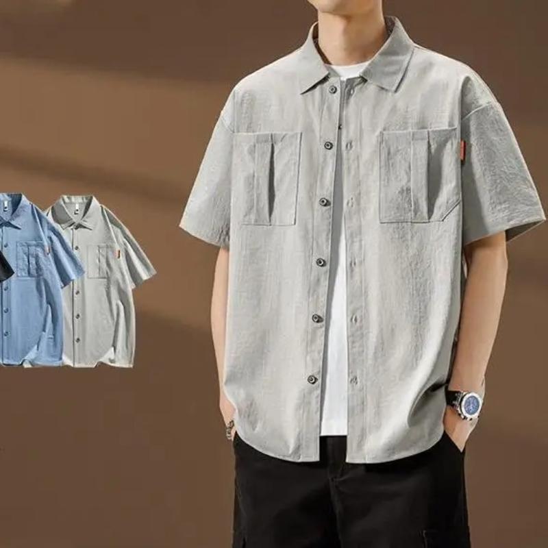 Japanese Style Summer Men's Plus Size Short Sleeve Shirt, Fat Men's Extra Large Solid Color Half Sleeve Casual Shirt