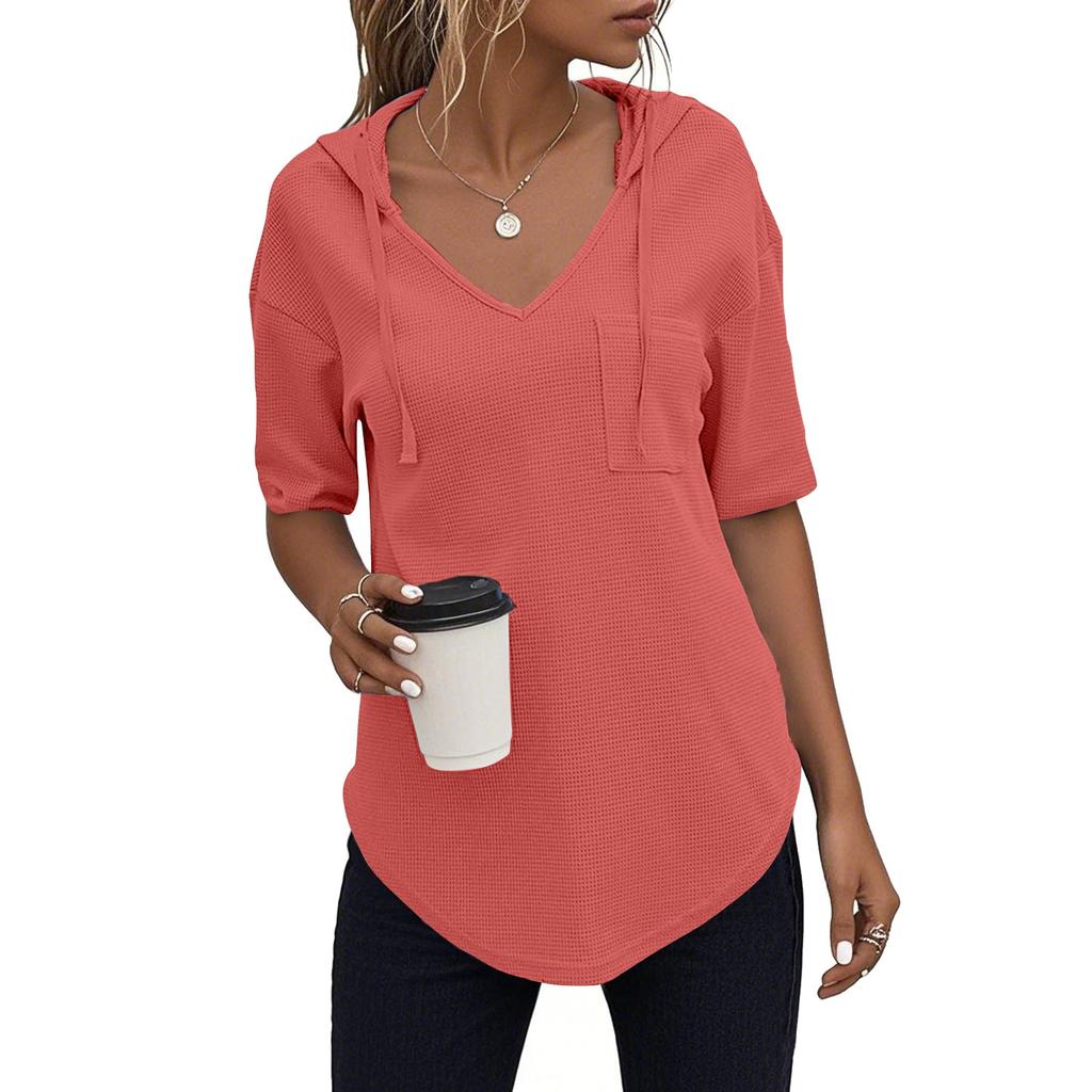 Women's Fashion Summer V-Neck T Shirt Drawstring Hooded Solid Color Short Sleeve Top