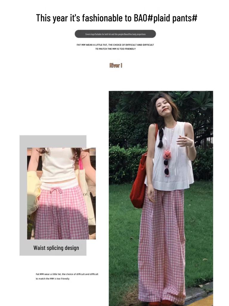 Petite Women's Blue Plaid High Waist Elastic Summer Pants - Yamamoto Drape Casual Straight Wide Leg 