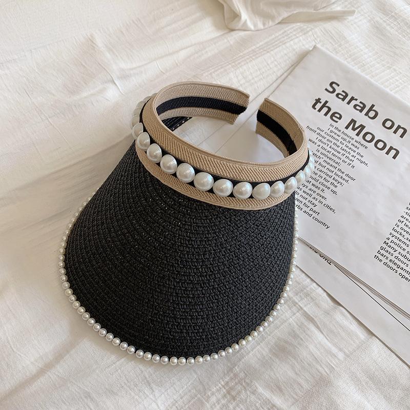 

Соломенная шляпа от солнца с жемчугом, повязка на голову, соломенная шляпа с открытым верхом, летняя заколка, кепка с козырьком, защита лица от солнца M(56-58cm) чёрный