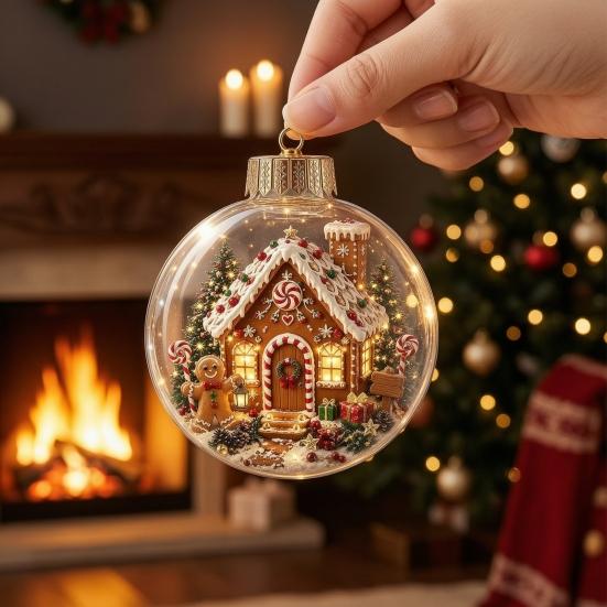 Decorative Acrylic Christmas Ornaments Tree Crystal Ball Pendant with LED Light, Built-in Christmas-themed Gift for Family Pattern Design, Hanging