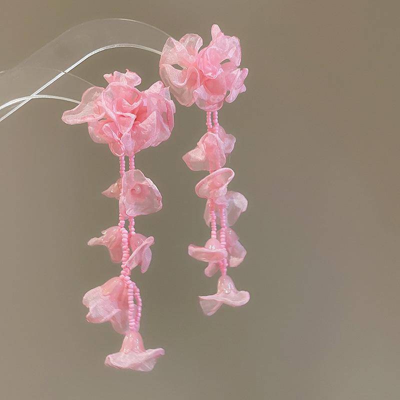 Silver Needle Chiffon Flower Tassel Earrings, Sweet Mori Style, Dopamine Trend, Versatile Women’s Earrings