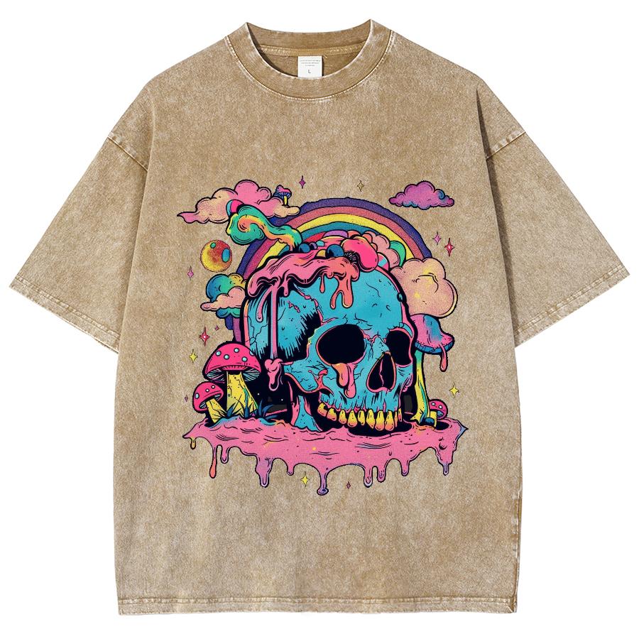 Barevné Kreslené Lebky Potisk Dámské Tričko Volné Oversized Prané Vysoce Kvalitní Krátký Rukáv Letní Módní Top