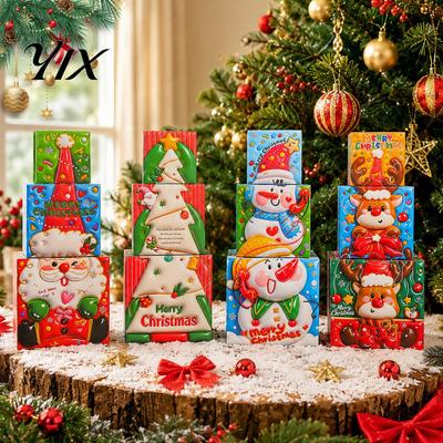 Fireplace Scene Decorations 3Pcs Christmas Stackable Gift Box, Layered Cube Plastic Boxes with Santa Festive Storage Bins Snowman Reindeer,