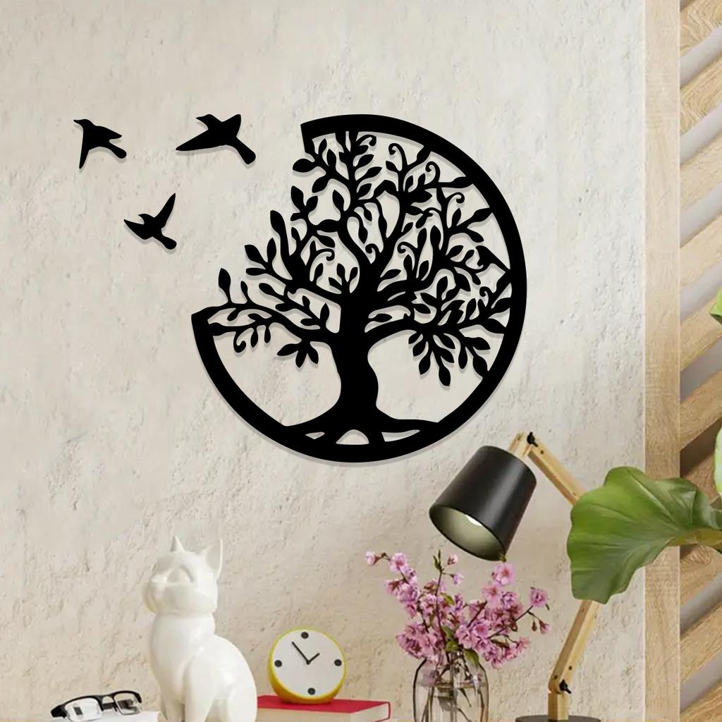 Boho Tree Of Life Black Wooden Wall Hanging,3 Birds Wall Art Decor,Round Hanging Ornaments,Indoor Crafts,Witchy Home Decorations