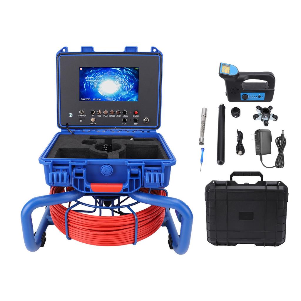 7in LCD Sewer Camera - Self Leveling 30M IP68 Pipeline Endoscope with 512Hz Transmitter & DVR, Industrial Drain Inspection Tool