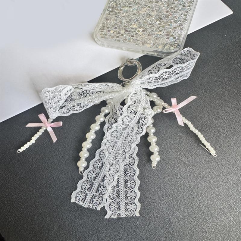 Stylish Phone Ornament With Fabric PVC Design Secure Clip For Key Bags Decoration Beads Lace Bowknot Keychain Pendant