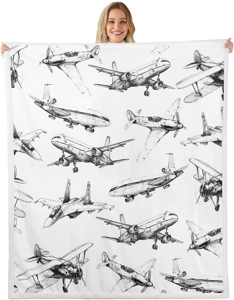 Airplane Pattern Blanket Soft Fleece Throw Kids Room Decor Aviation Theme Baby Gift Home Decoration