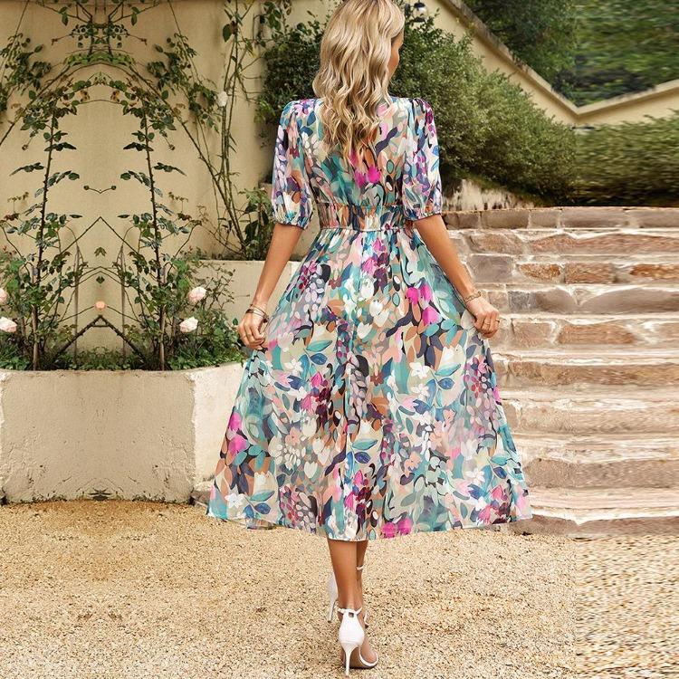High Sleeve Summer Neck Waist Wrapped Floral Dresses Women V for